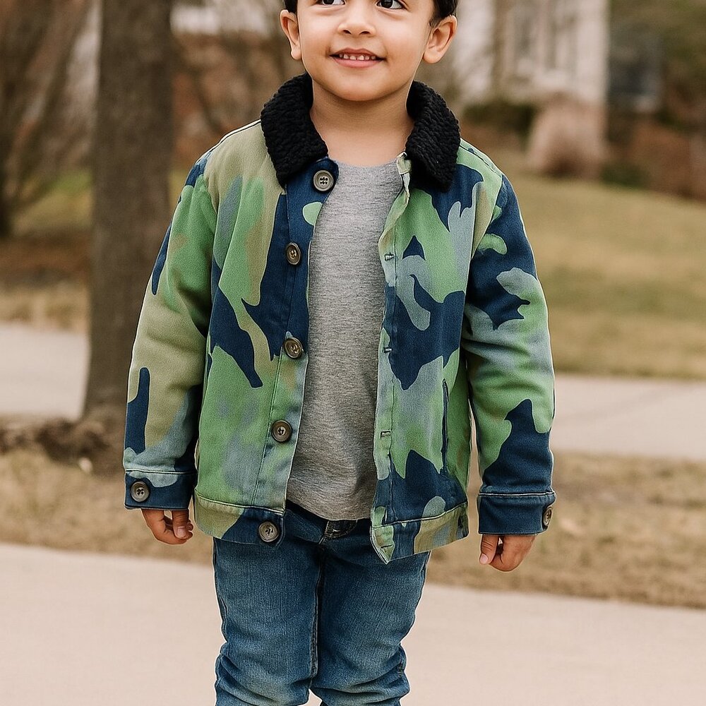 Boy + Girl Made in USA Boy Size 2 (fits larger) Sherpa lined Camo Denim Jacket